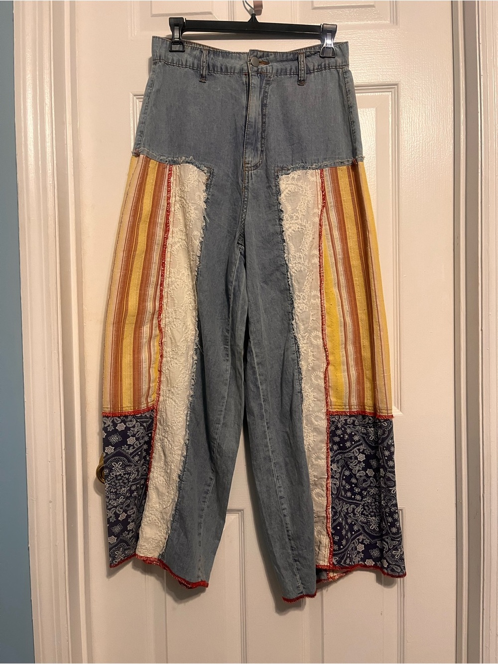 POL Wide-Leg Patchwork Jeans with Yellow, Red & Navy Panels